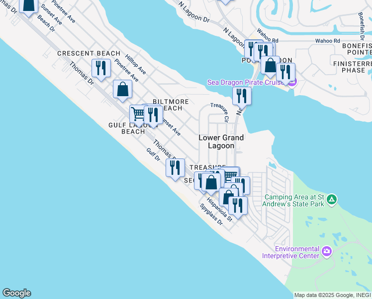 map of restaurants, bars, coffee shops, grocery stores, and more near 5300 Sunset Avenue in Panama City Beach