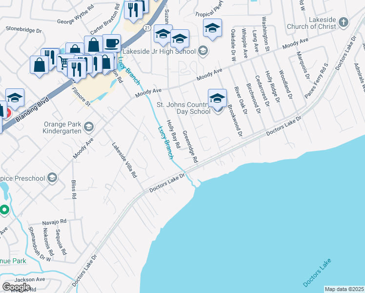map of restaurants, bars, coffee shops, grocery stores, and more near 2931 Holly Bay Road in Orange Park