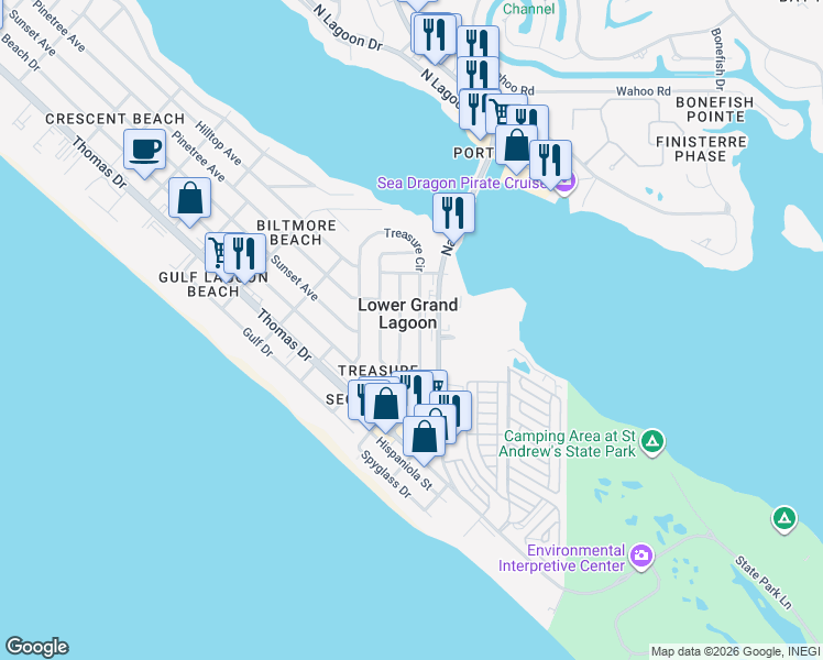 map of restaurants, bars, coffee shops, grocery stores, and more near in Lower Grand Lagoon