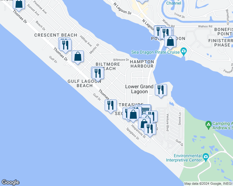 map of restaurants, bars, coffee shops, grocery stores, and more near 5300 Sunset Avenue in Panama City Beach