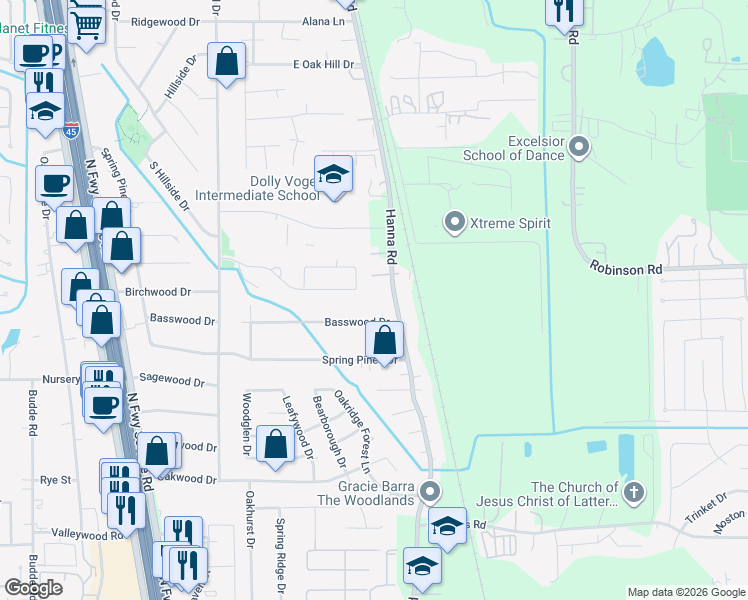 map of restaurants, bars, coffee shops, grocery stores, and more near 367 Hanna Road in Spring