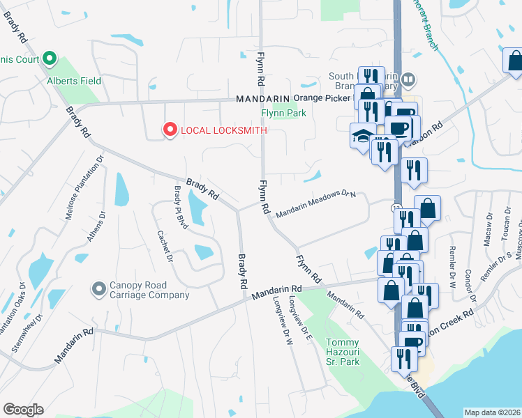 map of restaurants, bars, coffee shops, grocery stores, and more near 12405 Flynn Road in Jacksonville