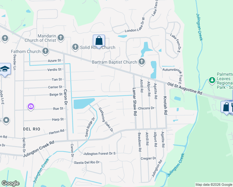 map of restaurants, bars, coffee shops, grocery stores, and more near 12580 Hidden Gardens Lane in Jacksonville