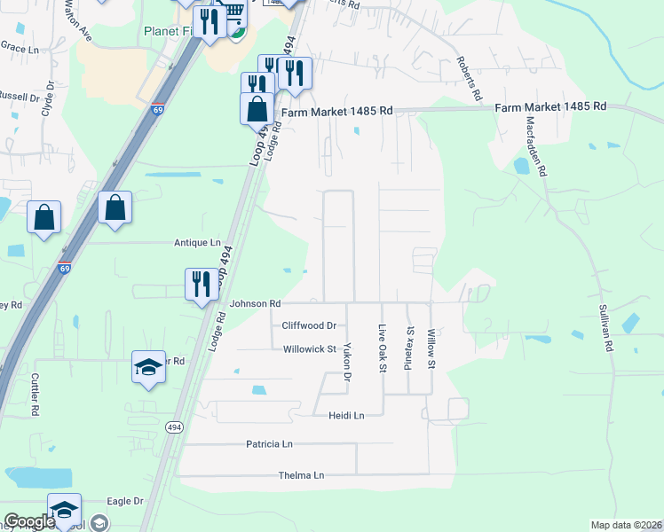 map of restaurants, bars, coffee shops, grocery stores, and more near 20361 Oakshade Drive in New Caney