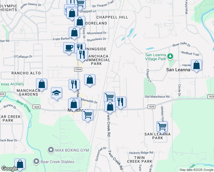 map of restaurants, bars, coffee shops, grocery stores, and more near 11901 Polk Road in Austin