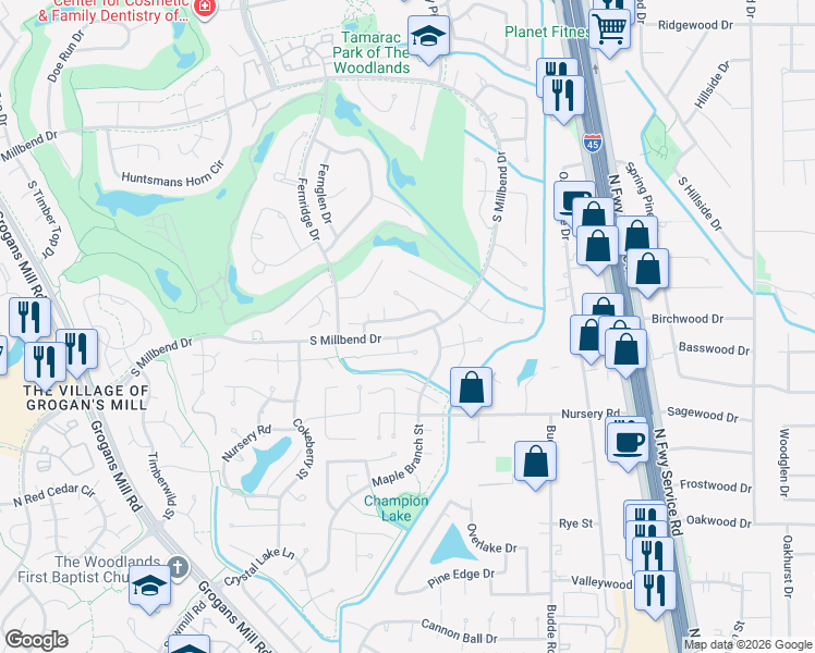 map of restaurants, bars, coffee shops, grocery stores, and more near 25 Wishbonebush Road in Spring