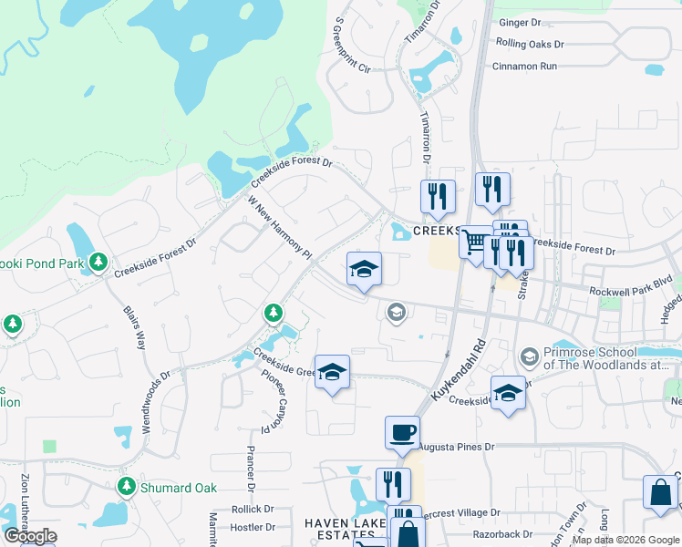 map of restaurants, bars, coffee shops, grocery stores, and more near 41 Whispering Thicket Place in Tomball