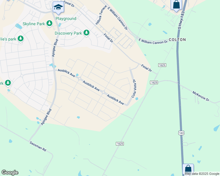 map of restaurants, bars, coffee shops, grocery stores, and more near 8753-8981 Colton-Bluff Springs Road in Austin