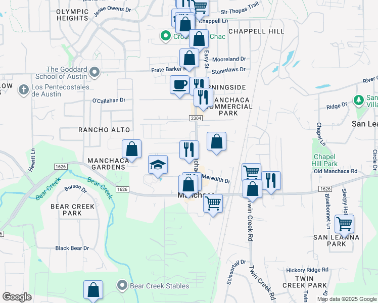 map of restaurants, bars, coffee shops, grocery stores, and more near 12000 Manchaca Road in Austin