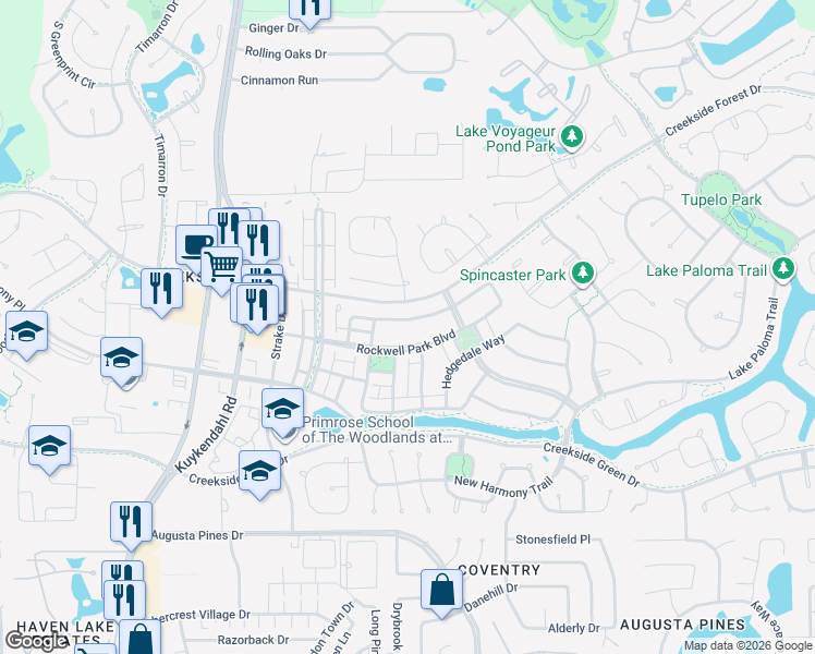 map of restaurants, bars, coffee shops, grocery stores, and more near 59 West Sawyer Ridge Drive in Spring