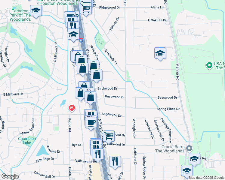 map of restaurants, bars, coffee shops, grocery stores, and more near 218 Birchwood Drive in Spring