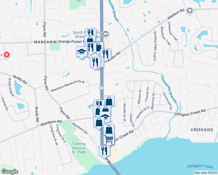map of restaurants, bars, coffee shops, grocery stores, and more near 12387 San Jose Boulevard in Jacksonville