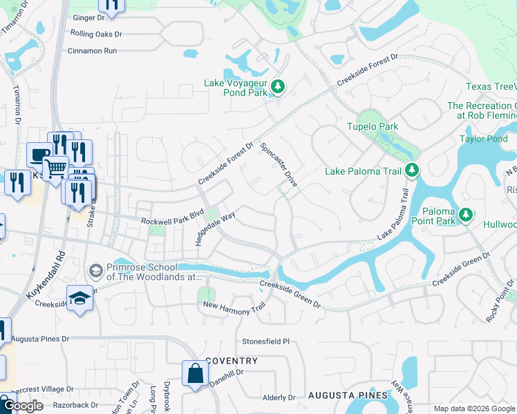 map of restaurants, bars, coffee shops, grocery stores, and more near 91 Valera Ridge Drive in Spring