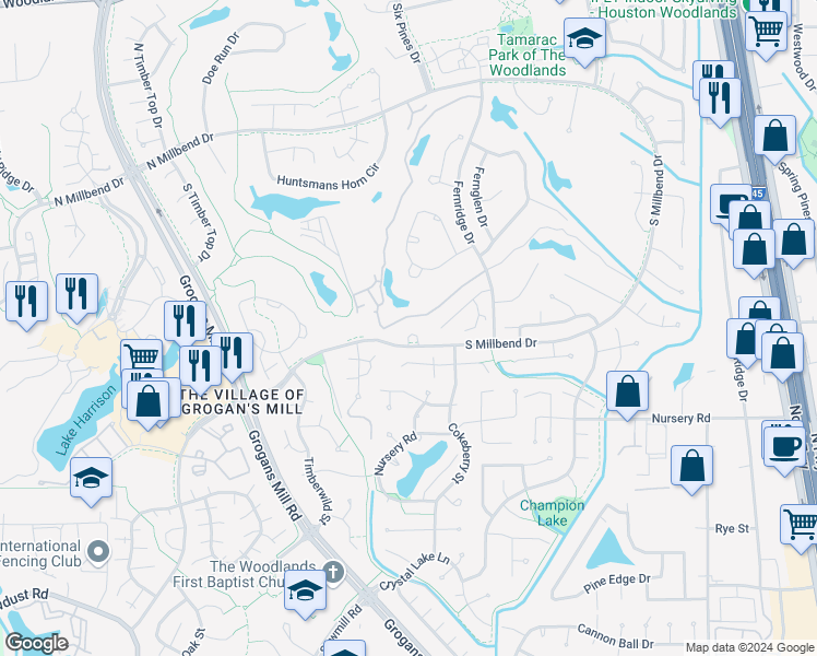 map of restaurants, bars, coffee shops, grocery stores, and more near 5 Noontide Circle in Spring