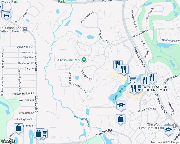 map of restaurants, bars, coffee shops, grocery stores, and more near 2717 North Logrun Circle in Spring