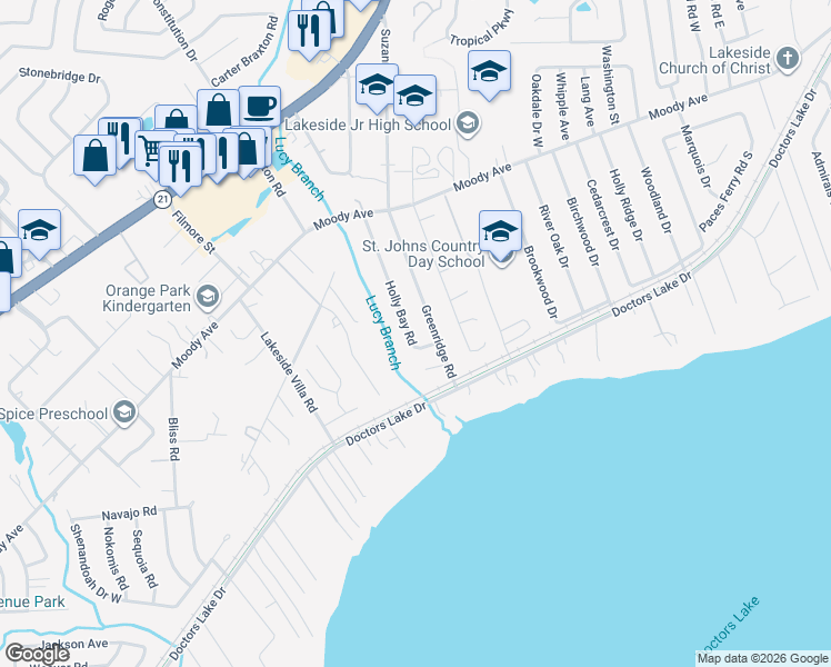 map of restaurants, bars, coffee shops, grocery stores, and more near 2901 Holly Bay Road in Orange Park