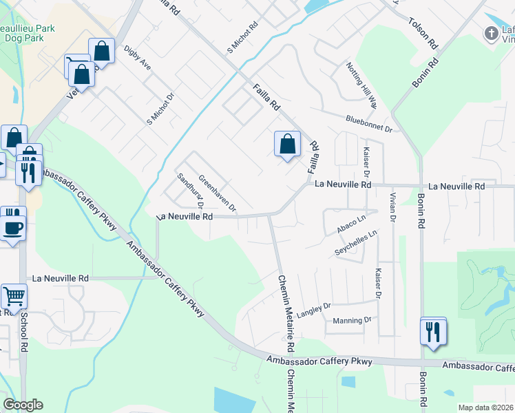 map of restaurants, bars, coffee shops, grocery stores, and more near 102 Sandhurst Drive in Lafayette