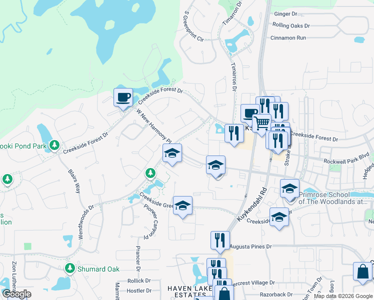 map of restaurants, bars, coffee shops, grocery stores, and more near 41 Whispering Thicket Place in Tomball