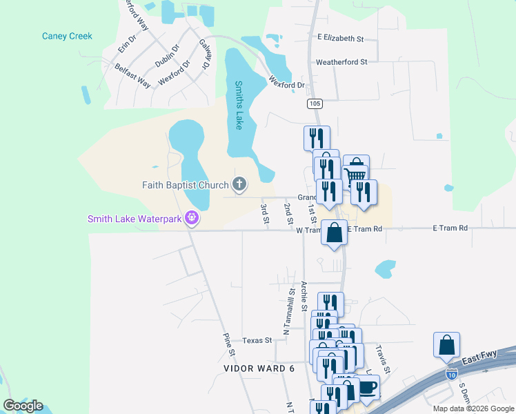map of restaurants, bars, coffee shops, grocery stores, and more near 1395 3rd Street in Vidor