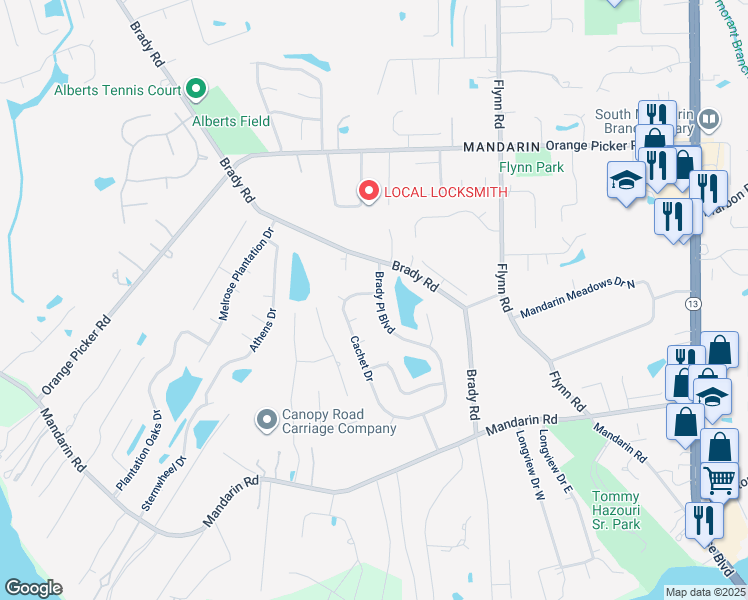 map of restaurants, bars, coffee shops, grocery stores, and more near 12420 Brady Place Boulevard in Jacksonville