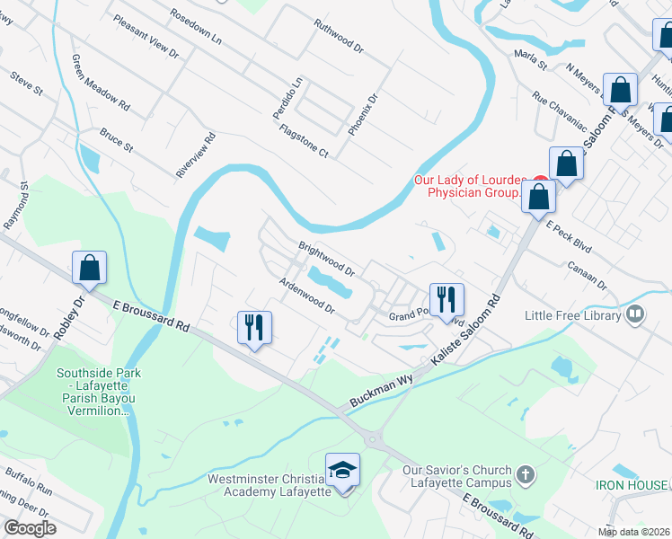 map of restaurants, bars, coffee shops, grocery stores, and more near 211 Brightwood Drive in Lafayette