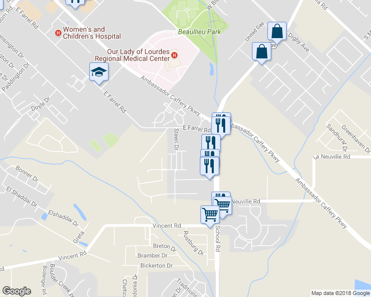 map of restaurants, bars, coffee shops, grocery stores, and more near 109 Summer Breeze in Lafayette