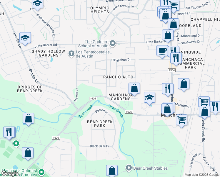 map of restaurants, bars, coffee shops, grocery stores, and more near 1801 Suter Street in Austin