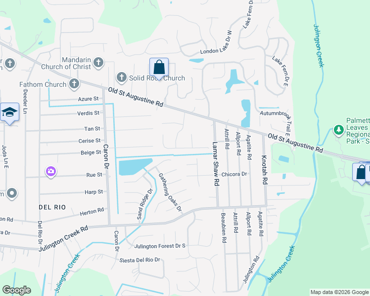 map of restaurants, bars, coffee shops, grocery stores, and more near 5375 Hidden Gardens Drive in Jacksonville