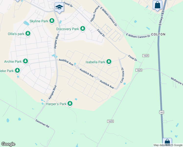 map of restaurants, bars, coffee shops, grocery stores, and more near 8479-8751 Colton-Bluff Springs Road in Austin