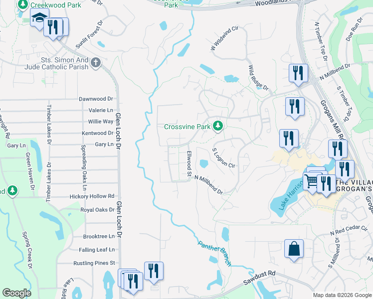map of restaurants, bars, coffee shops, grocery stores, and more near 11008 Ellwood Street in The Woodlands