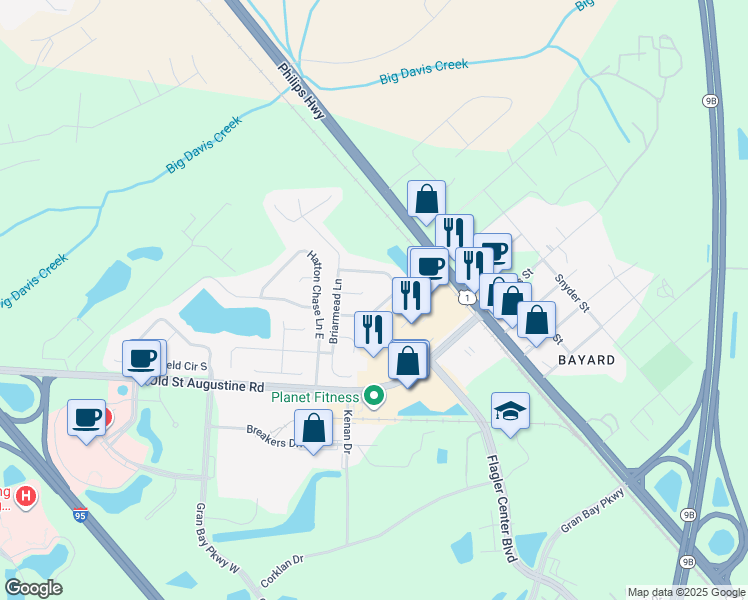 map of restaurants, bars, coffee shops, grocery stores, and more near 14572 Harewood Court in Jacksonville