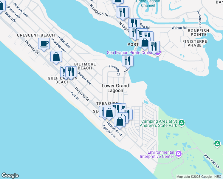 map of restaurants, bars, coffee shops, grocery stores, and more near 3803 Long John Drive in Panama City Beach