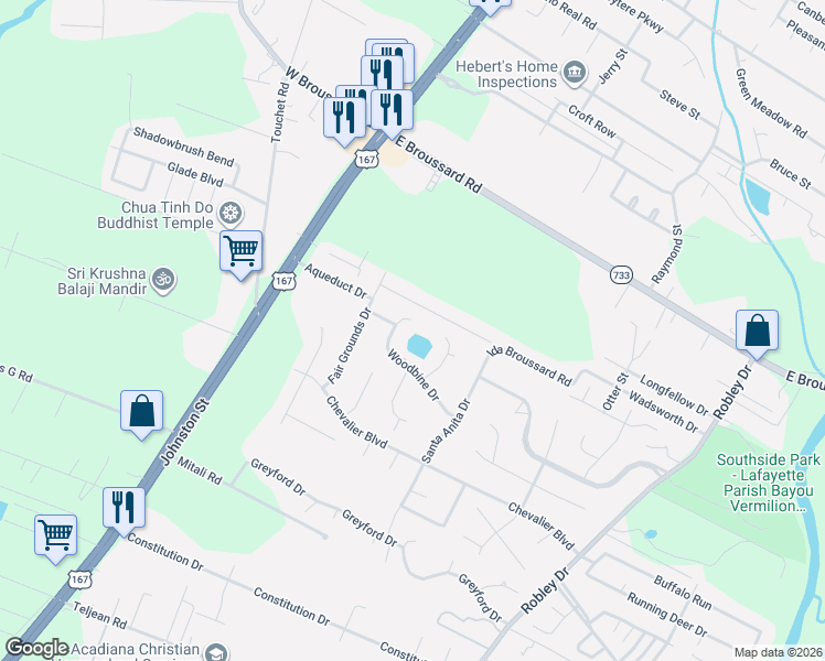 map of restaurants, bars, coffee shops, grocery stores, and more near 105 Woodbine Drive in Lafayette