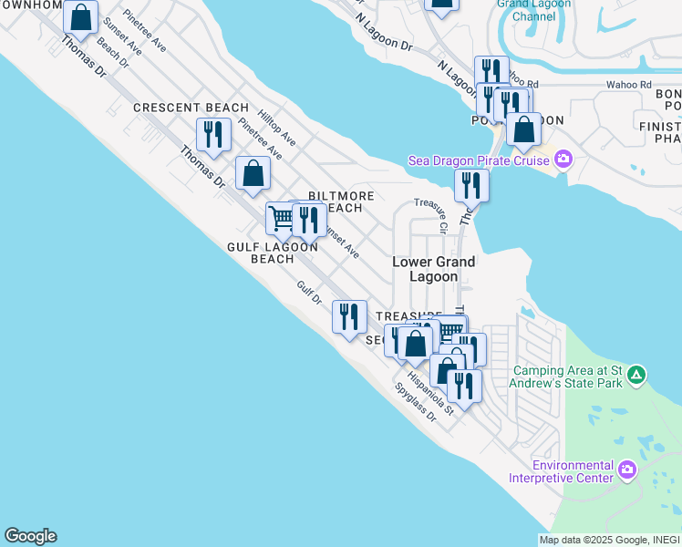 map of restaurants, bars, coffee shops, grocery stores, and more near 5319 Beach Drive in Panama City Beach