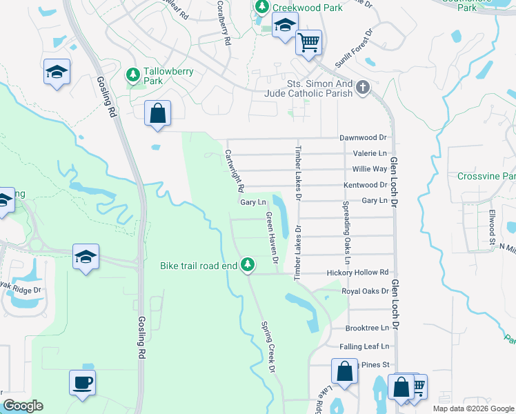 map of restaurants, bars, coffee shops, grocery stores, and more near 3531 Gary Lane in Spring