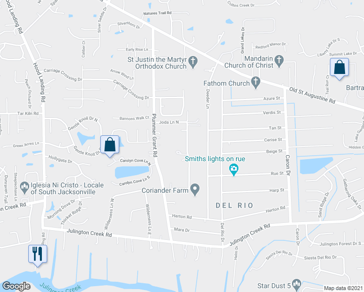 map of restaurants, bars, coffee shops, grocery stores, and more near 12518 Joda Lane East in Jacksonville