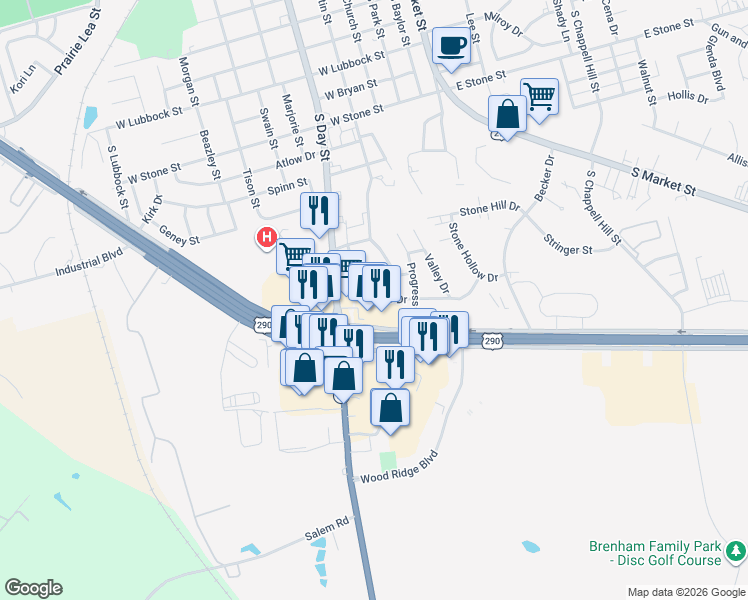 map of restaurants, bars, coffee shops, grocery stores, and more near 2420 Airline Drive in Brenham