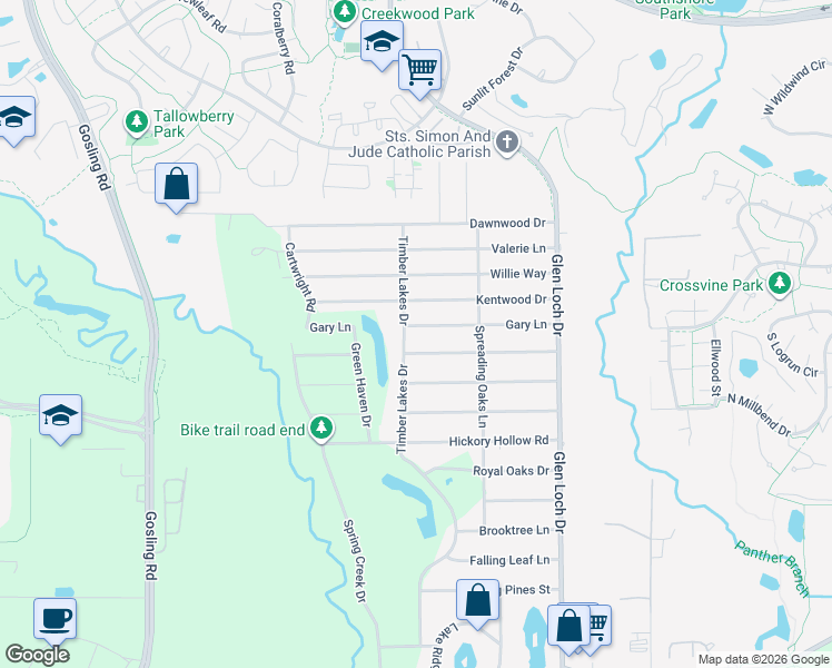 map of restaurants, bars, coffee shops, grocery stores, and more near 3447 Gary Ln in Spring