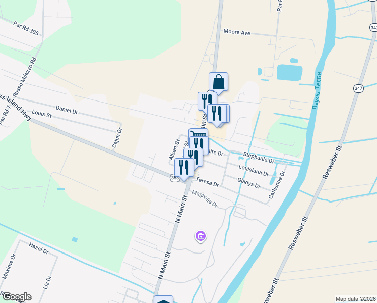 map of restaurants, bars, coffee shops, grocery stores, and more near 2034 Gerard Street in Saint Martinville