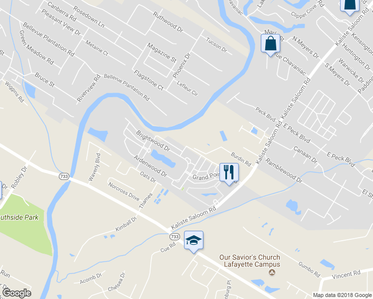 map of restaurants, bars, coffee shops, grocery stores, and more near 150 Brightwood Drive in Lafayette