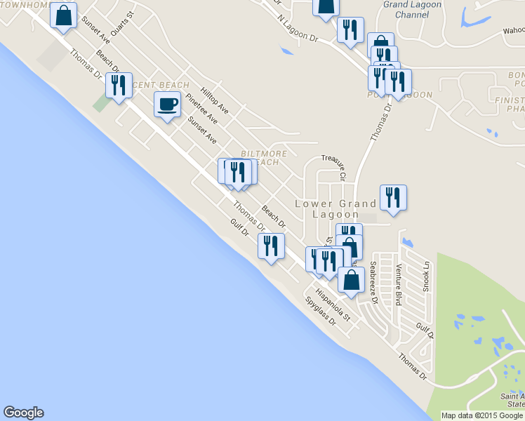map of restaurants, bars, coffee shops, grocery stores, and more near 5321 Beach Drive in Panama City Beach