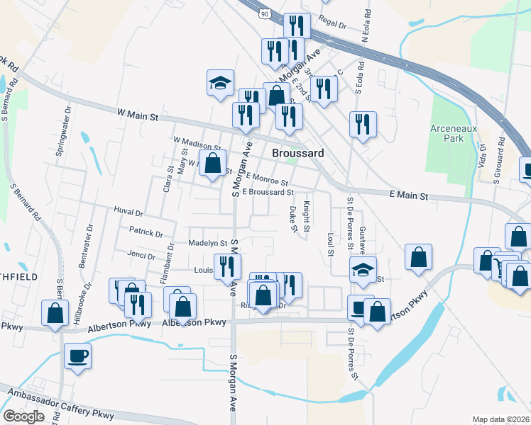 map of restaurants, bars, coffee shops, grocery stores, and more near 209 Truman Street in Broussard
