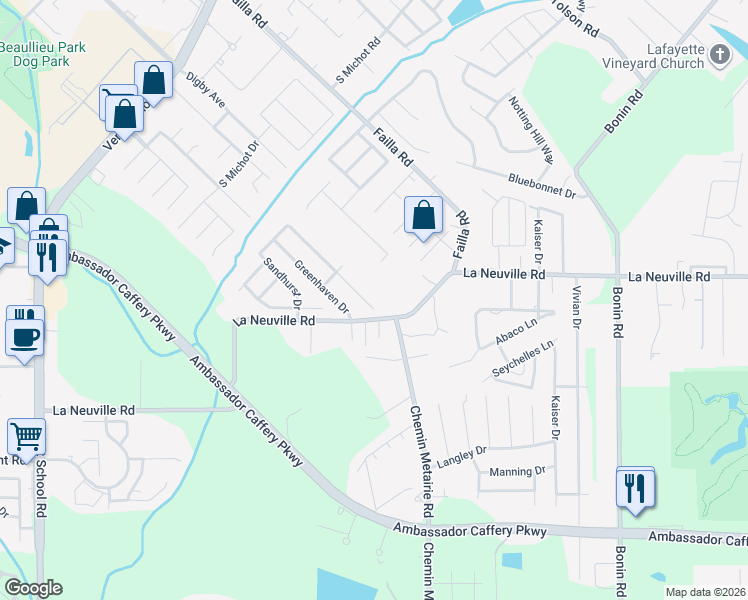 map of restaurants, bars, coffee shops, grocery stores, and more near 102 Sandhurst Dr in Lafayette