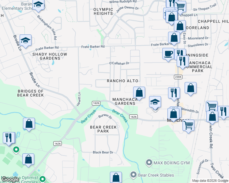 map of restaurants, bars, coffee shops, grocery stores, and more near 12225 Broten Street in Austin
