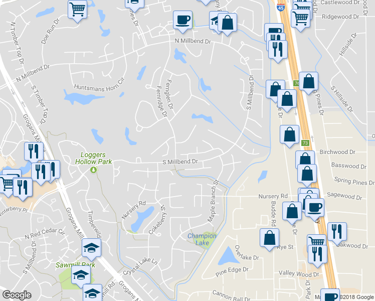 map of restaurants, bars, coffee shops, grocery stores, and more near 1 Wishbonebush Road in Spring