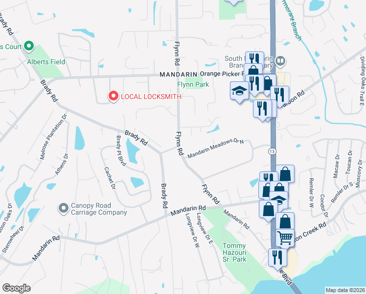map of restaurants, bars, coffee shops, grocery stores, and more near 12405 Flynn Road in Jacksonville