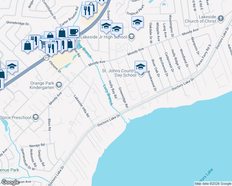 map of restaurants, bars, coffee shops, grocery stores, and more near 2901 Holly Bay Road in Orange Park