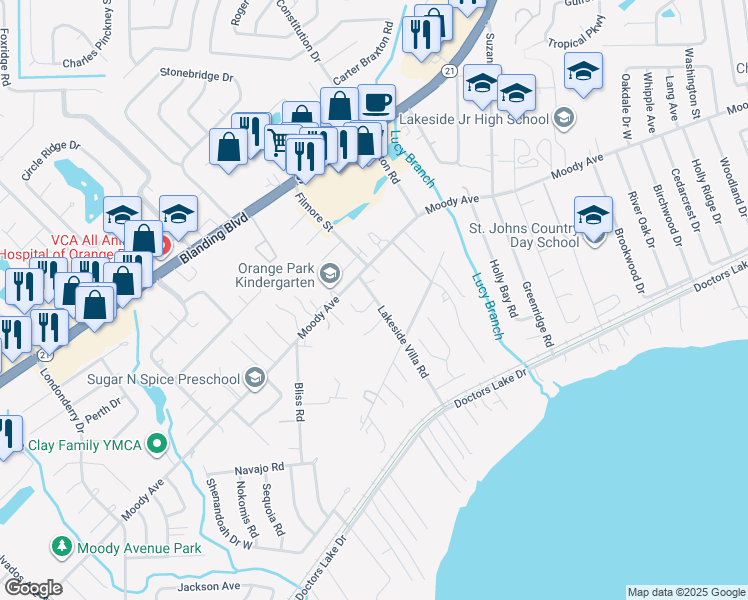 map of restaurants, bars, coffee shops, grocery stores, and more near 3004 Bluejack Court in Orange Park