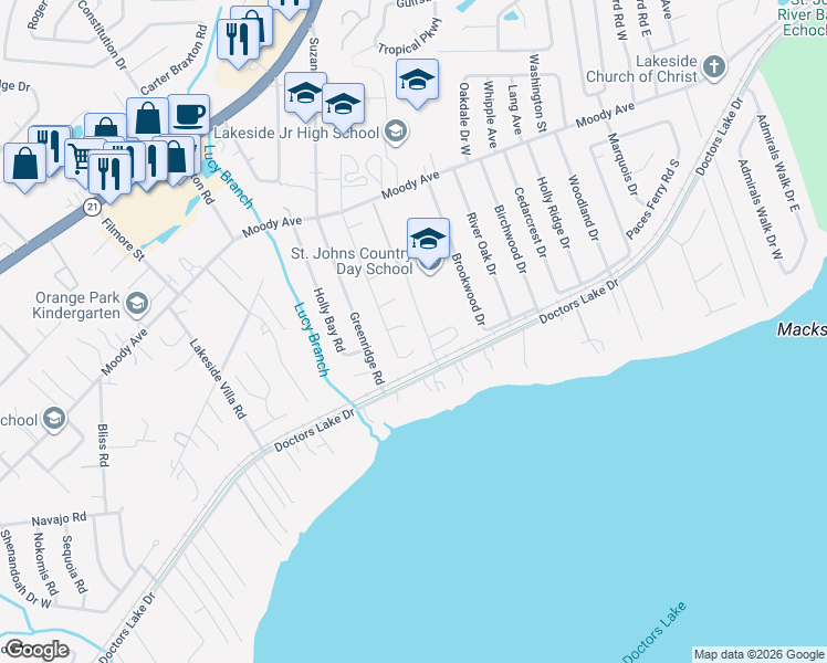 map of restaurants, bars, coffee shops, grocery stores, and more near 2206 Yearling Court in Orange Park