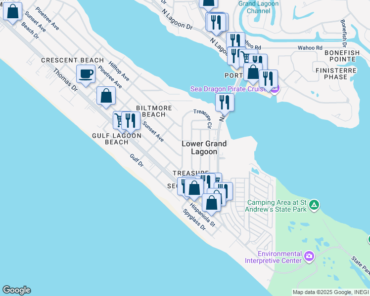 map of restaurants, bars, coffee shops, grocery stores, and more near 3211 Treasure Circle in Panama City Beach